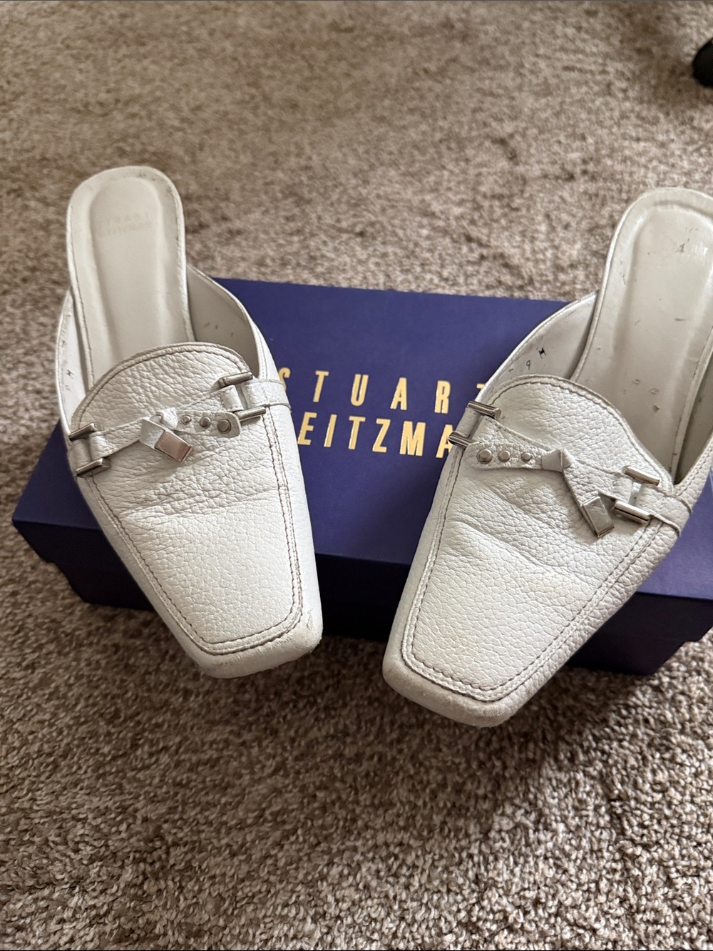 Stuart Weitzman Ivory Leather Slip-On Mule with Silver Hardware
